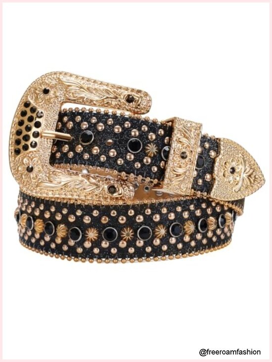 Accessories - Premium Leather Rhinestone Belt with Detachable Buckle, Western Cowgirl Bling